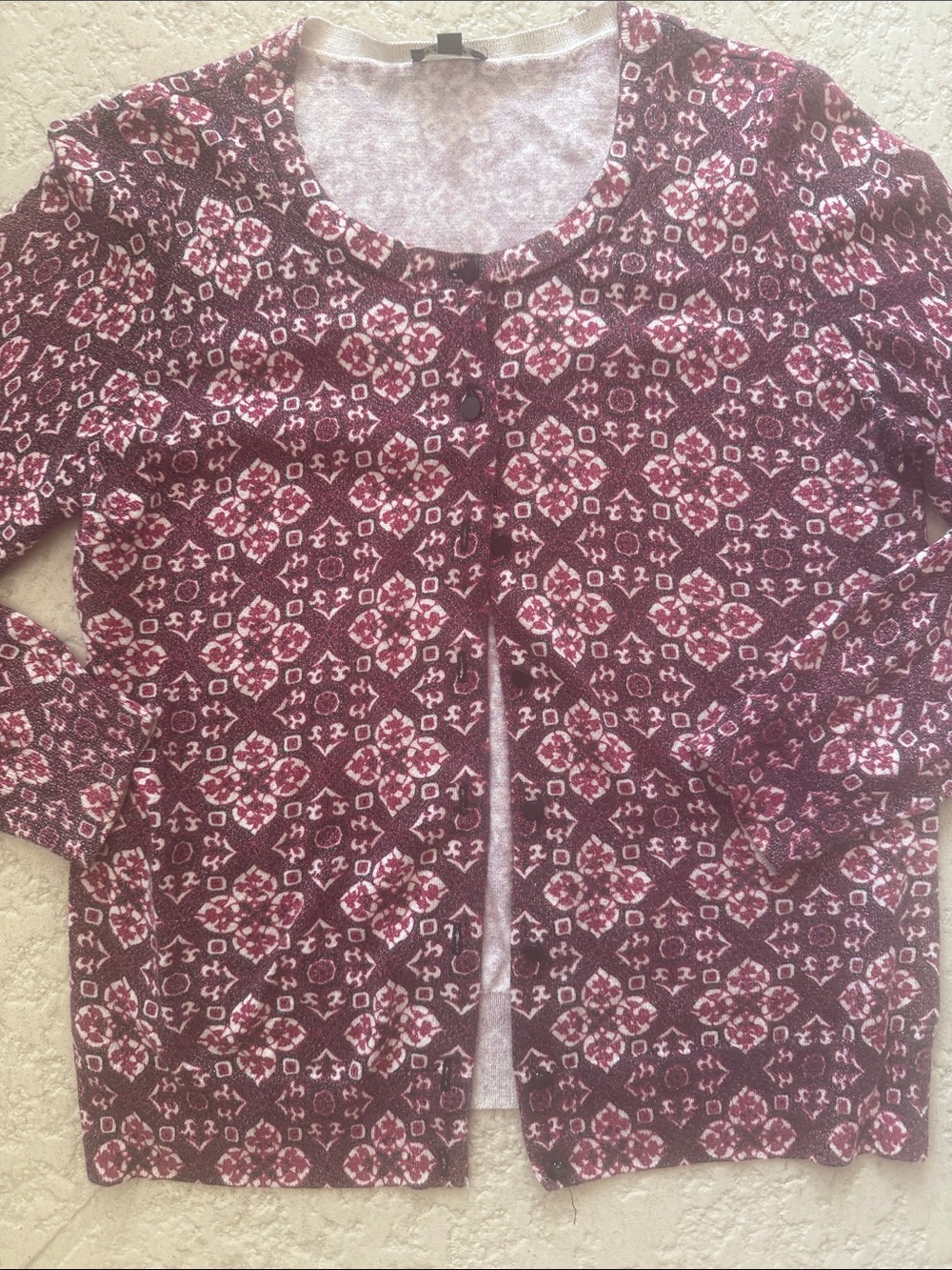 Talbots Burgundy and Pink Open-Front Patterned Cardigan